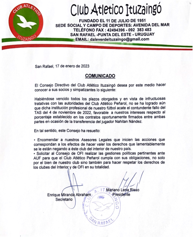 #FalloTAS | Como es de público conocimiento el #TAS falló a favor del reclamo de nuestro afiliado CA Ituzaingó. El CE de @ofiuruguay respalda este reclamo e informa que está estudiando medidas en apoyo de su cumplimiento.