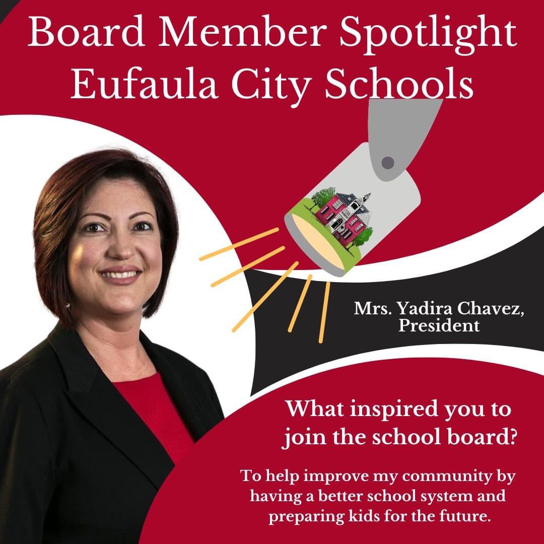 EufaulaCS's tweet photo. We are spotlighting 🔦💡 our School Board Members each day this week.  Please help us thank them for working year-round to power our students with the knowledge and tools they need for a successful future.  Thank you, School Board Members! #ThanksBOE #SchoolBoardMonth #WeAreECS https://t.co/zJnYETpkGM
