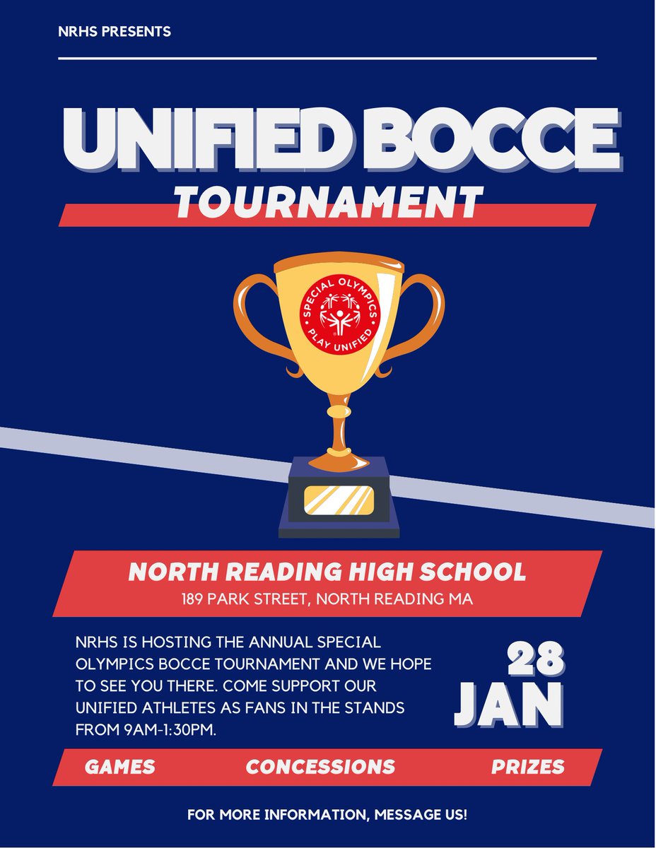 NRHS Student Council (@nreading_stuco) on Twitter photo January 28th, from 9am-1:30pm, NRHS is hosting the annual Special Olympics Bocce Tournament and we expect all of you to be there!! Reach out to officers to volunteer and help set up for up to 10 hours of community service! #playunified #rollout <a href="/SpecialOlympics/">Special Olympics</a> <a href="/SpOlympicsMA/">Special Olympics MA</a> January 28th, from 9am-1:30pm, NRHS is hosting the annual Special Olympics Bocce Tournament and we expect all of you to be there!! Reach out to officers to volunteer and help set up for up to 10 hours of community service! #playunified #rollout <a href="/SpecialOlympics/">Special Olympics</a> <a href="/SpOlympicsMA/">Special Olympics MA</a>