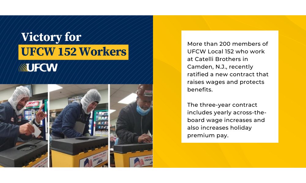 UFCW's tweet photo. #UFCWVictory
More than 200 members of @ufcwlocal152 working at Catelli Brothers in Camden, NJ, ratified a new contract. The meat processing workers won annual wage increases, higher holiday pay, and protected their affordable health care.
Learn more: https://t.co/NB9s6nYaTS https://t.co/njsK3sYuBW
