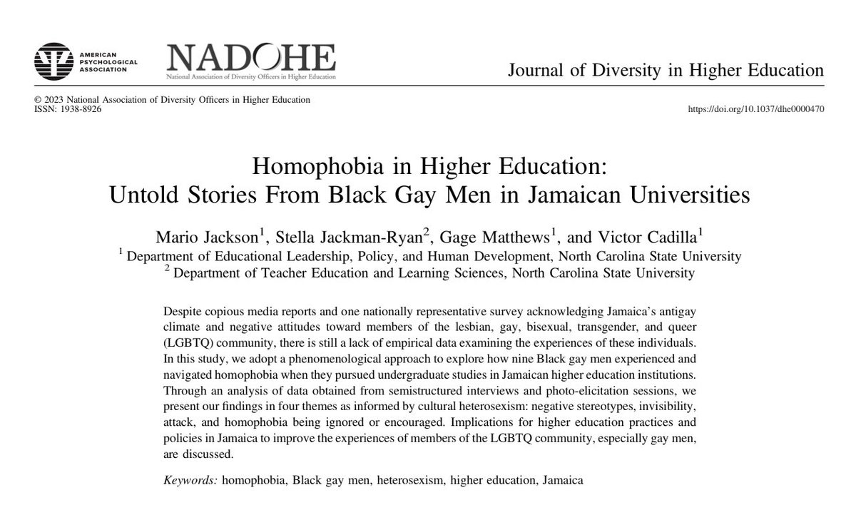 Mario Jackson (@mariomjackson) on Twitter photo 🚨 New Publication Alert 🚨
<a href="/stella_jackman/">Stella Jackman-Ryan</a>, <a href="/MrGageNC/">Gage Matthews</a>, <a href="/VictorCadilla/">Victor Cadilla</a>, and I are happy to share the findings from our study of the experiences of Black gay men in the Jamaican Higher Education context published in <a href="/JDHEtweets/">Journal of Diversity in Higher Education</a>.
Available at: psycnet.apa.org/doiLanding?doi… 🚨 New Publication Alert 🚨
<a href="/stella_jackman/">Stella Jackman-Ryan</a>, <a href="/MrGageNC/">Gage Matthews</a>, <a href="/VictorCadilla/">Victor Cadilla</a>, and I are happy to share the findings from our study of the experiences of Black gay men in the Jamaican Higher Education context published in <a href="/JDHEtweets/">Journal of Diversity in Higher Education</a>.
Available at: psycnet.apa.org/doiLanding?doi…