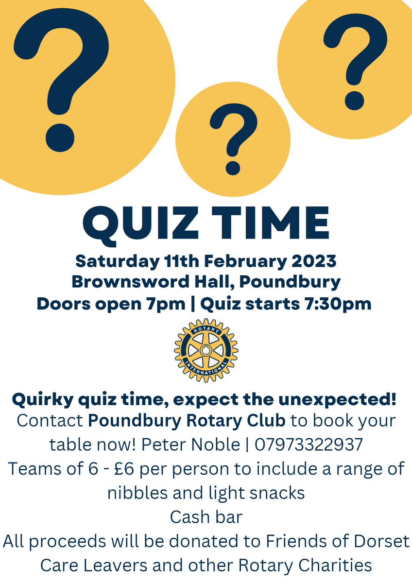 Q U I Z  N I G H T 

Saturday 11th February

Poundbury, Dorchester

Thanks to <a href="/PoundburyRotary/">Poundbury Rotary Club</a> for organising another great fundraising event. 

#poundbury #dorchester #quiz #quiznight #dorset #fundraising