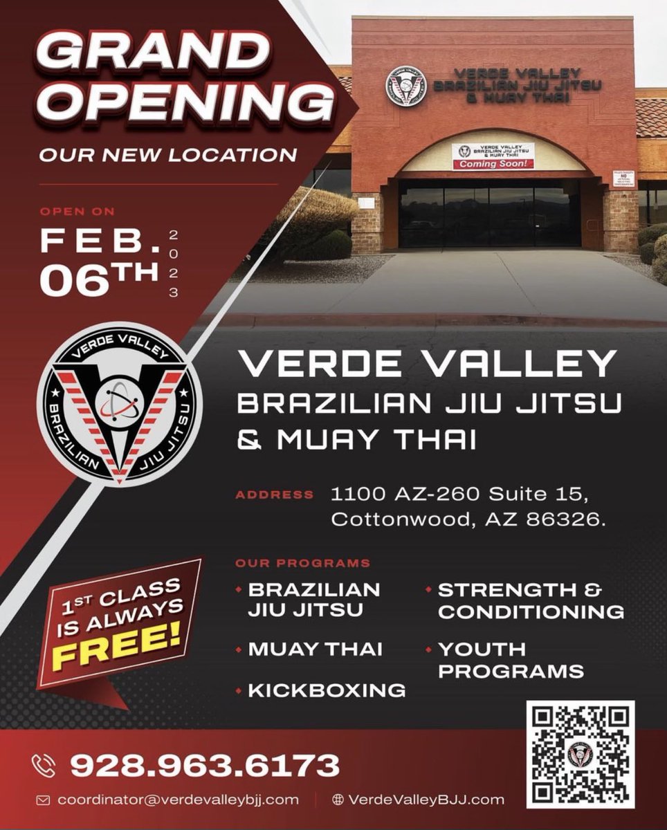 NEW LOCATION ANNOUNCEMENT: Verde Valley Brazilian Jiu Jitsu & Muay Thai Grand Opening Mon Feb. 6, at the Cottonwood Plaza 1100 AZ-260, Suite 15. The new location offers 2,200 square feet of mat space, and a dedicated Muay Thai and Strength & Conditioning area. First Class is Free