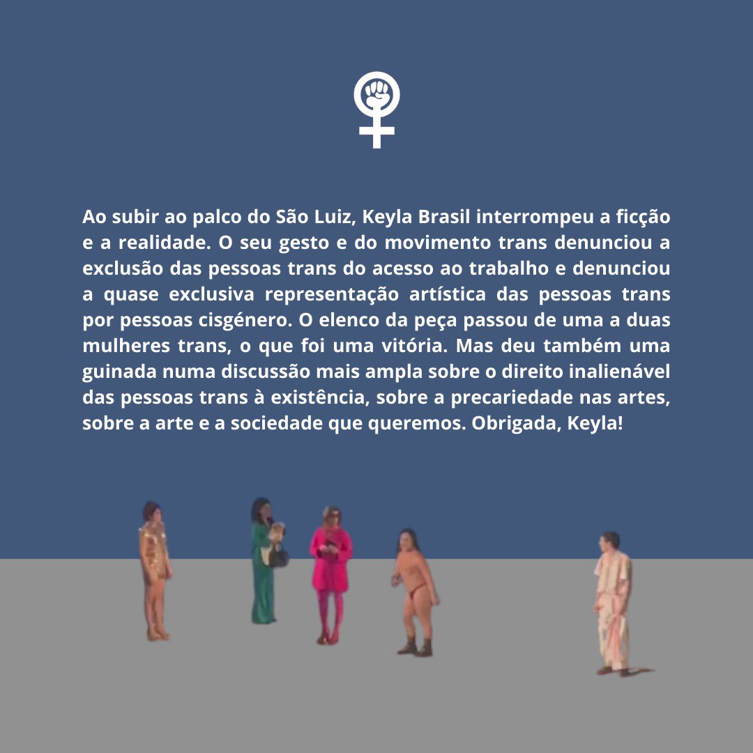 Feministaspt_'s tweet photo. 🏳️‍⚧️ Ao subir ao palco do São Luiz, Keyla Brasil interrompeu a ficção e a realidade. O seu gesto e do movimento trans denunciou a exclusão das pessoas trans do acesso ao trabalho e denunciou a quase exclusiva representação artística das pessoas trans por pessoas cisgénero. + https://t.co/QdhtfJGgAM
