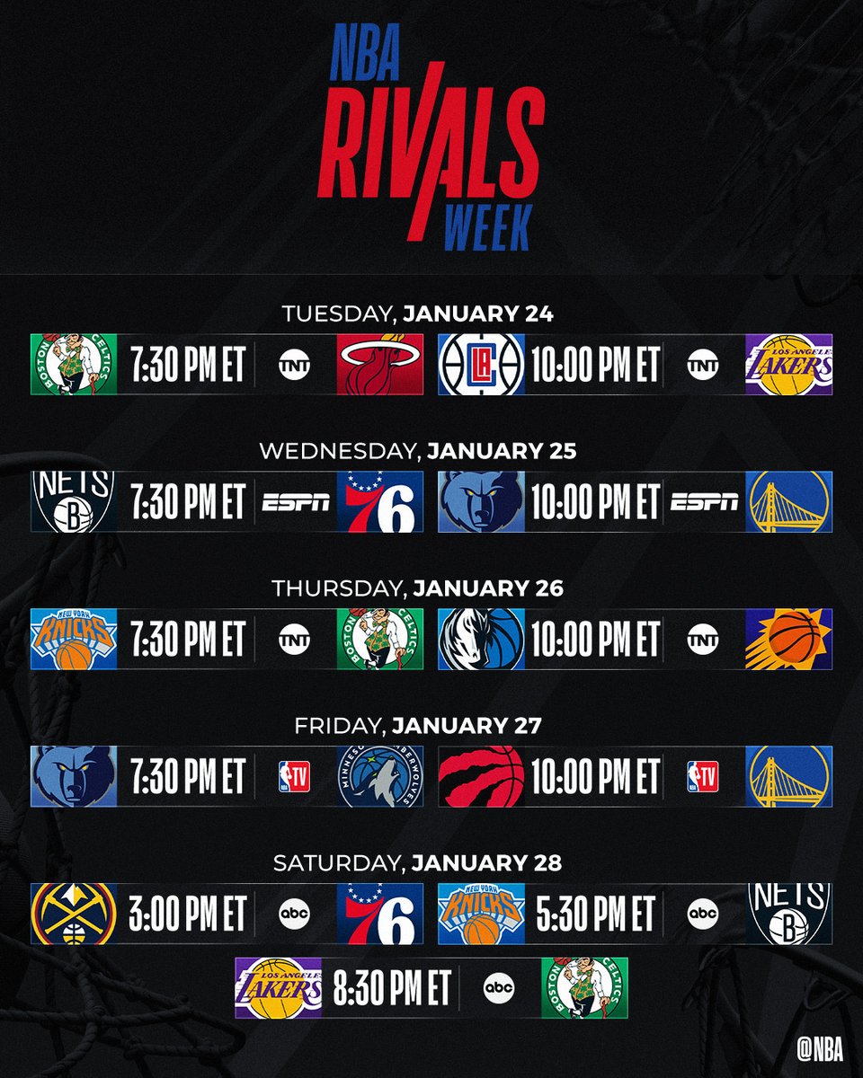 #NBARivalsWeek tips off Tuesday!

Classic and budding rivalries will take center stage starting tomorrow night at 7:30pm/et on TNT.