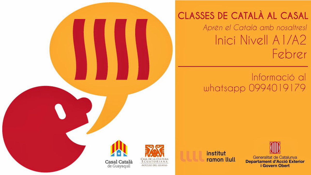 👅 Classes de català.

Un nou inicio nivell A1/A2 al Febrer.

📝 Prepara't per a les proves de l'Institut Ramón Llull. Som seu de les proves al maig.

Informació al whatsapp 0994019179.