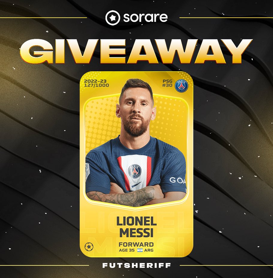 🚨LIONEL MESSI 🇦🇷 Sorare Limited Card GIVEAWAY🔥🔥 To join: - Follow me and @Sorare - RT 🌟Extra chance if you join sorare.pxf.io/fsheriff and send the screenshot in the comments! Winner will be announced in the next days✅