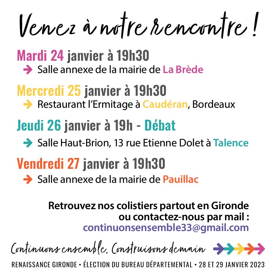 LucPascal11's tweet photo. Retrouvez-nous cette semaine pour échanger avec les membres de notre liste pour l’élection du bureau départemental de @33renaissance. Toutes les dates👇 https://t.co/S3obj7mamG