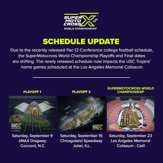 ProMotocross's tweet image. Date change 🚨 The @supermotocross World Championship playoffs and final dates are shifting due to the recently released Pac-12 Conference college football schedule 🗓️ #SupercrossLIVE #SuperMotocross #ProMotocross