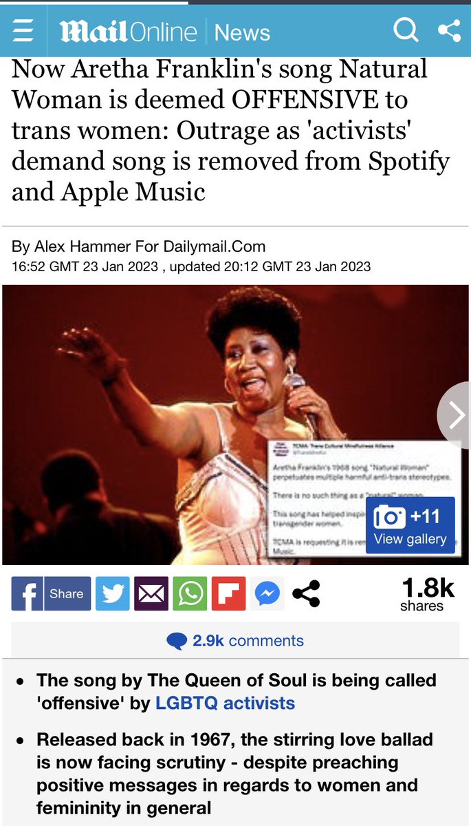 Oh ffs, here we go again. Aretha Franklin’s “Natural Woman” is being considered offensive by trans activists so you, yes you, are not allowed to listen to it anymore according these fragile souls. When will this madness ever stop? #CancelCancelCulture #naturalwoman #growsomeskin