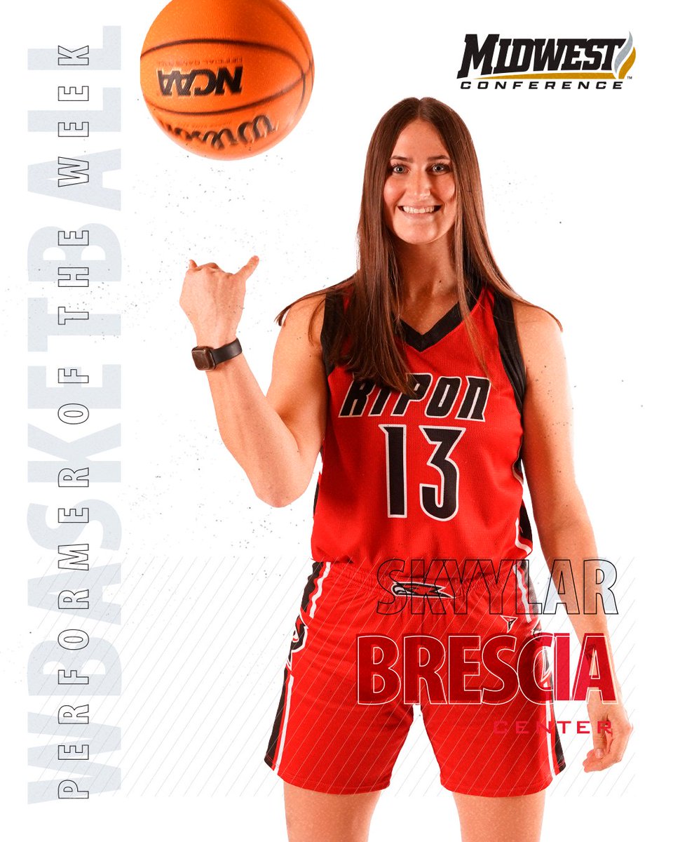 RiponRedHawks's tweet photo. Senior center Skyylar Brescia has been named @MWCSports Performer of the Week for women's basketball. Skyylar had a pair of double doubles in the Red Hawks two wins this week with 39 points and 25 rebounds. She shot 68% from the floor and had 5 assists, 3 blocks, and 8 steals. https://t.co/bhQFJHTnR2