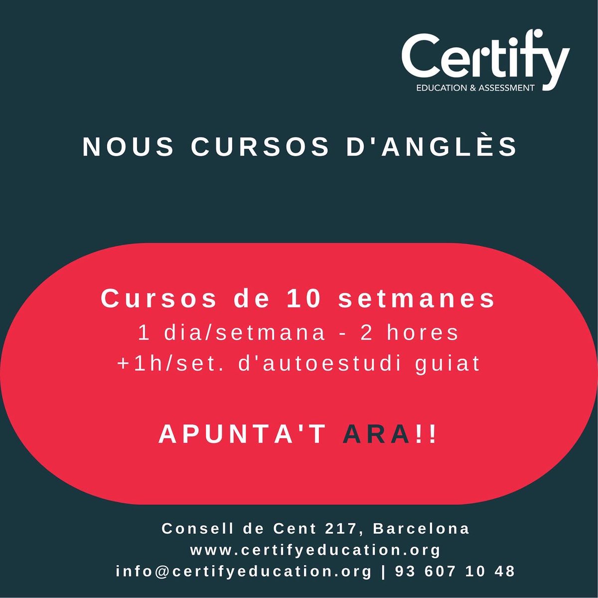 Comença un #CursAngles ara! Últims dies per apuntar-te. 

- 10 setmanes 
- 1 dia / setmana (2 hores)

I si vols certificar el teu anglès, Certify Education & Assessment és centre oficial d’#IELTS a Barcelona.

#EsquerraEixample