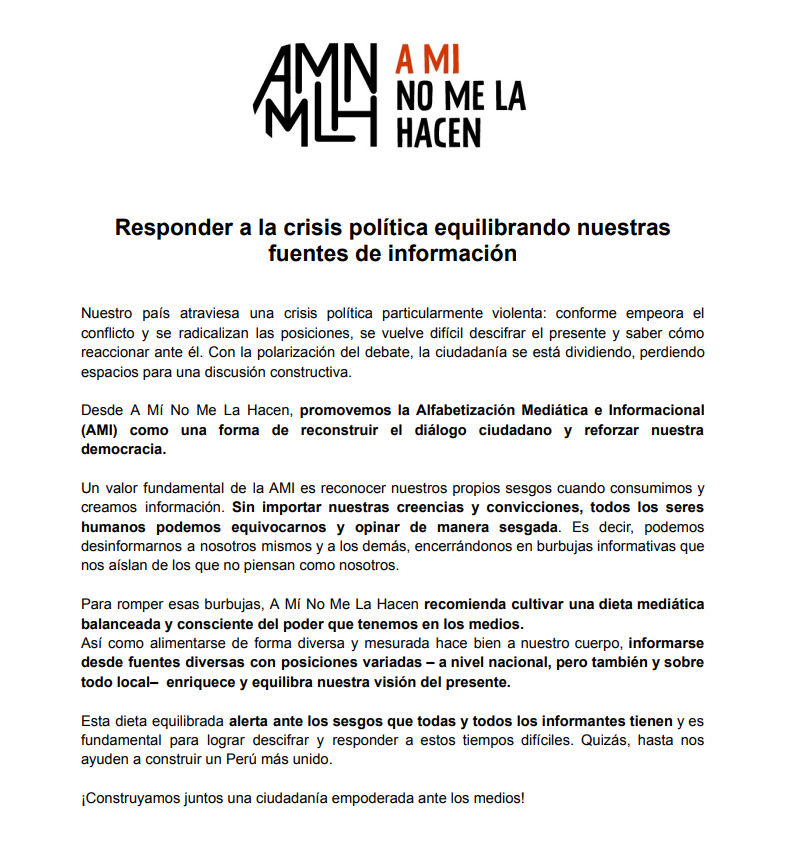 aminomelahacen's tweet image. Conforme empeora la crisis en nuestro país y se radicalizan las posiciones, se vuelve difícil descifrar el presente y saber cómo reaccionar ante él. Desde A Mí No Me La Hacen, les proponemos una respuesta desde la Alfabetización Mediática.
