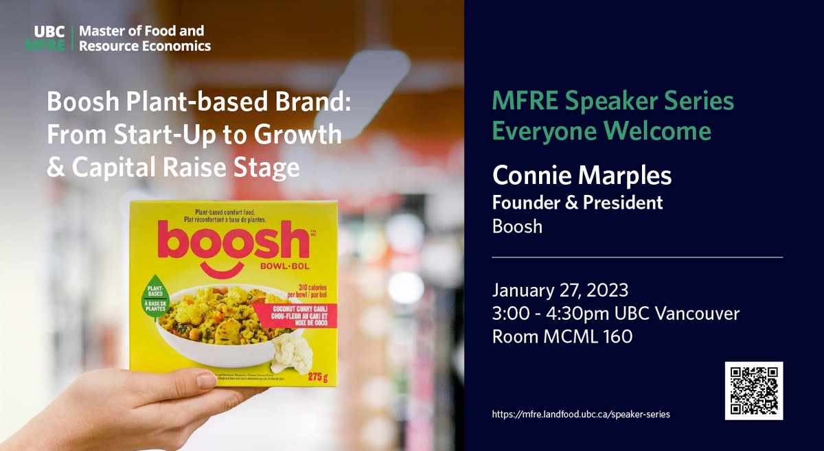mfreUBC's tweet photo. Join us this Friday, Jan 27, 2023 as @conniemarples
speaks to the #MFREStudents about @BoosPlant-based Brands journey, from its beginnings as a start up to its current stage of growth and capital raising. She will also cover the trends and future prospects.
@ubcLFS
@ubcnews https://t.co/pKkiSmjrQS