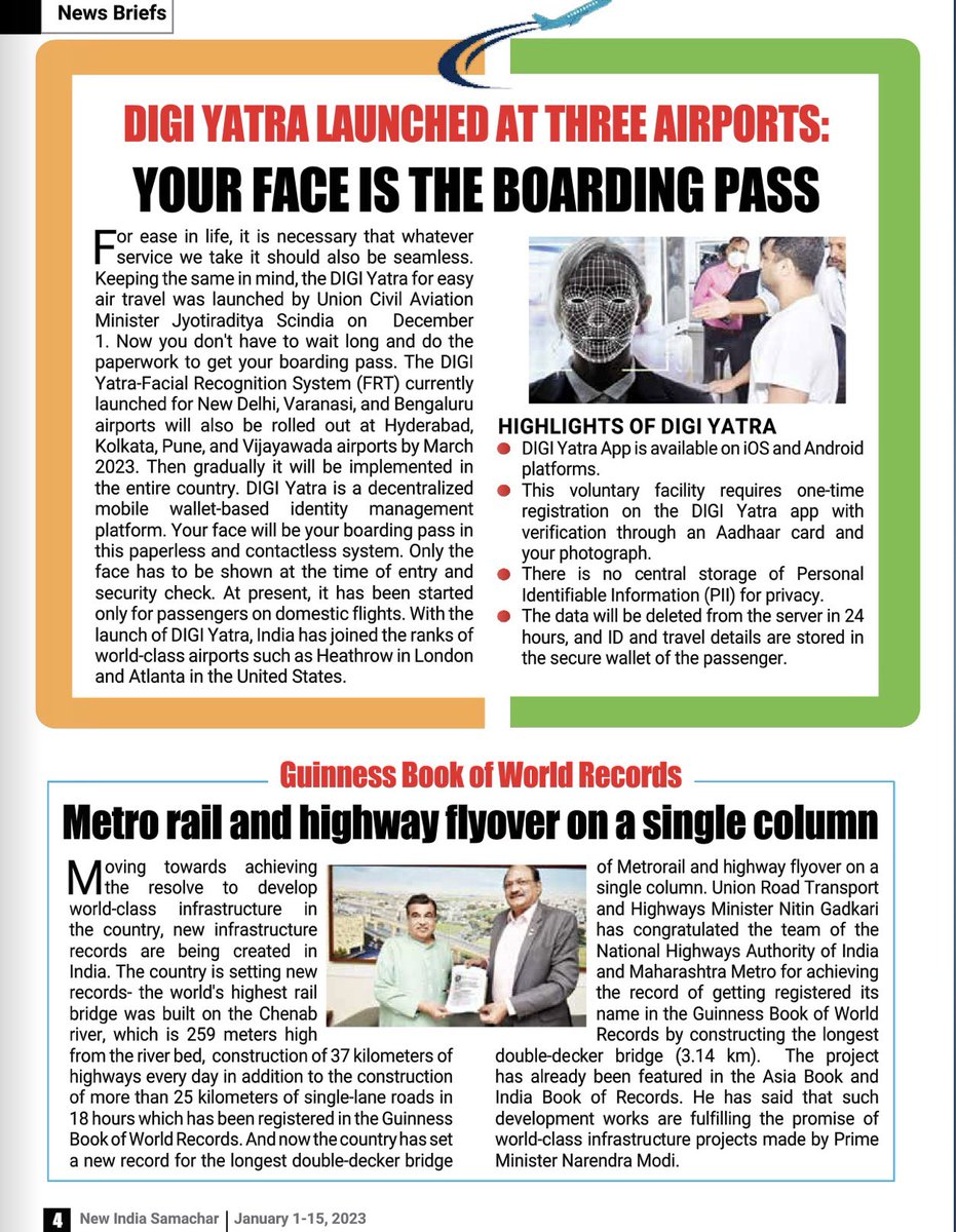 RomeshNadir's tweet photo. #NewPositive
For ease in air travel & reducing waiting time for #BoardingPass, Govt launched #DigiYatra identity management platform.
Boosting world class infrastructure by building world’s HighestRailBridge & double decker MetroRailBridge & HighwayFlyover on a single column. https://t.co/5klBim6xZG