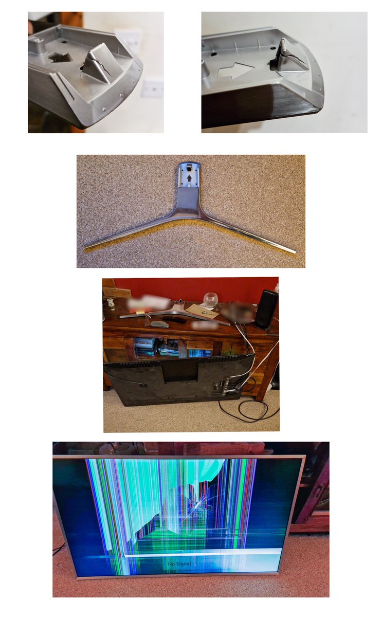 Dear <a href="/SamsungUK/">Samsung UK</a>. While having a QUIET night in watching my favourite Sci-Fi film I was startled by a LOUD crash. The stand on my 40" TV, model UE40MU6400U, broke and my TV was no more. Out of warranty-Yes, should this happen ever - No, No, No.I look forward to hearing from you.