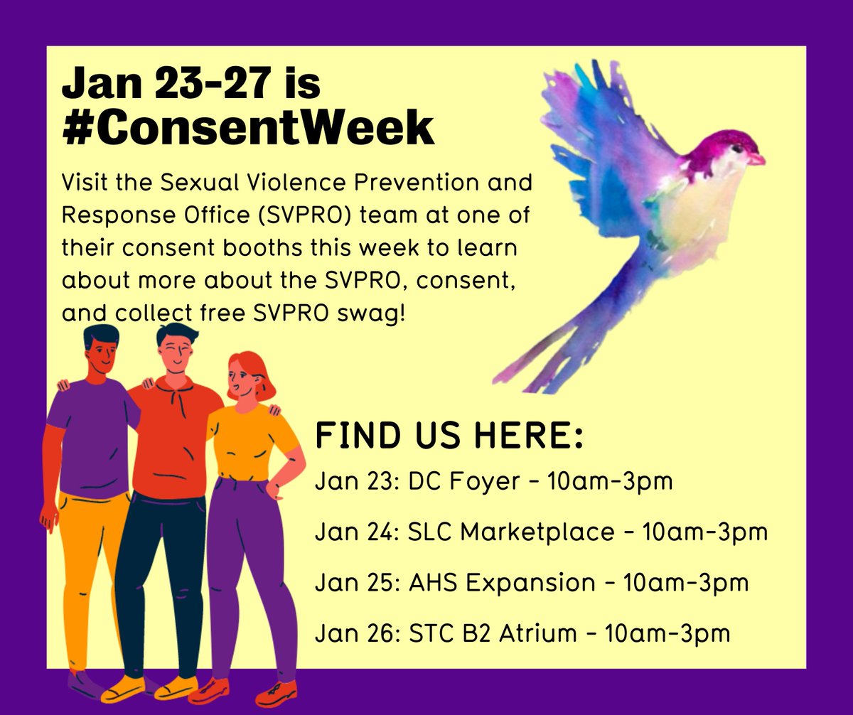 Hey Warriors, this week is #ConsentWeek!

Visit the SVPROs booths around campus all week to learn more about consent, get free swag, and help build #ConsentCulture in the UWaterloo community💜

Learn more here: bit.ly/3vZ4lcj
