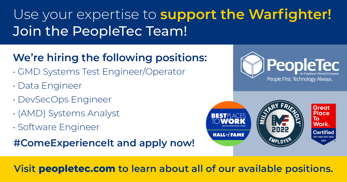 PeopleTec's tweet image. APPLY NOW:
-GMD Systems Test Engineer/Operator: lnkd.in/givyrsmQ
-Data Engineer: lnkd.in/gqNaRwKx
-DevSecOps Engineer: lnkd.in/gAABZnBb
-AMD Systems Analyst: lnkd.in/gJEHkpRc
-Software Engineer: lnkd.in/gn8xMXdw
#TestEngineer #STEM #DevSecOps