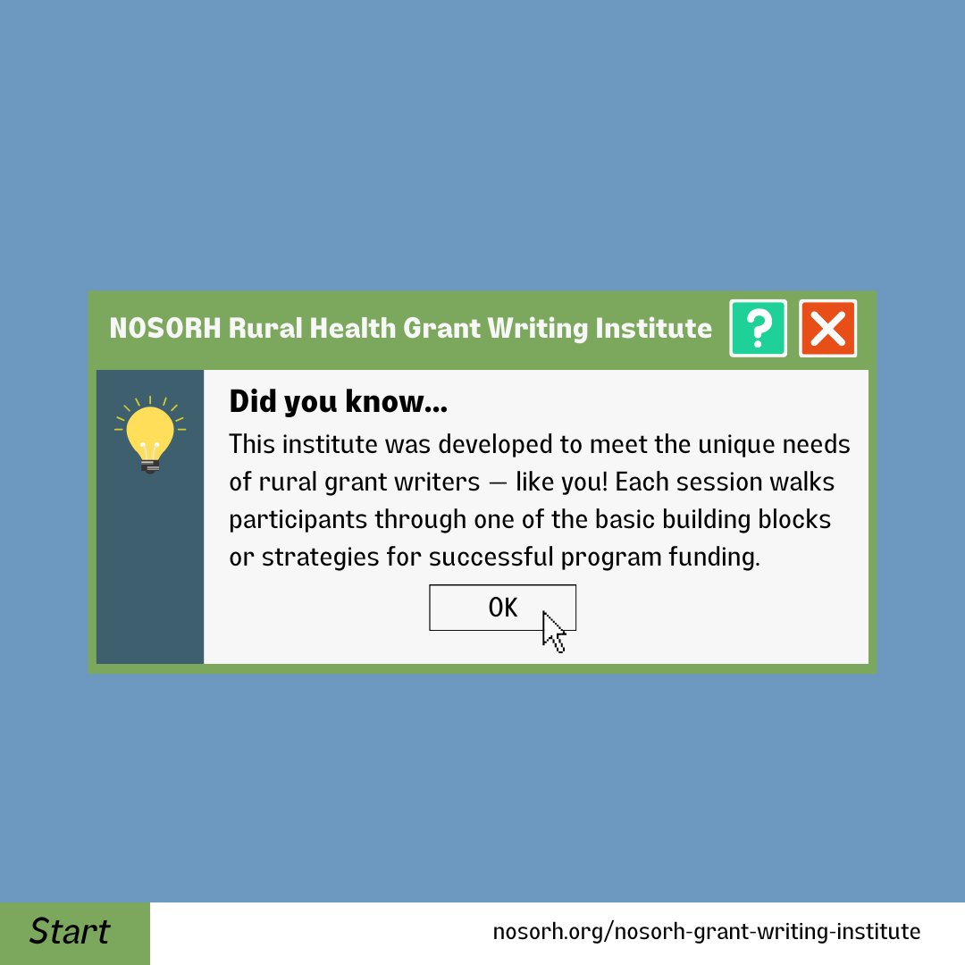 Calling all individuals interested in #rural #grantwriting! 

Don't miss out on the NOSORH Rural Health Grant Writing Institute! The Institute is perfect for beginners seeking to gain the skills to research and draft winning program proposals.

Learn more: ow.ly/H2wf50MsUOB
