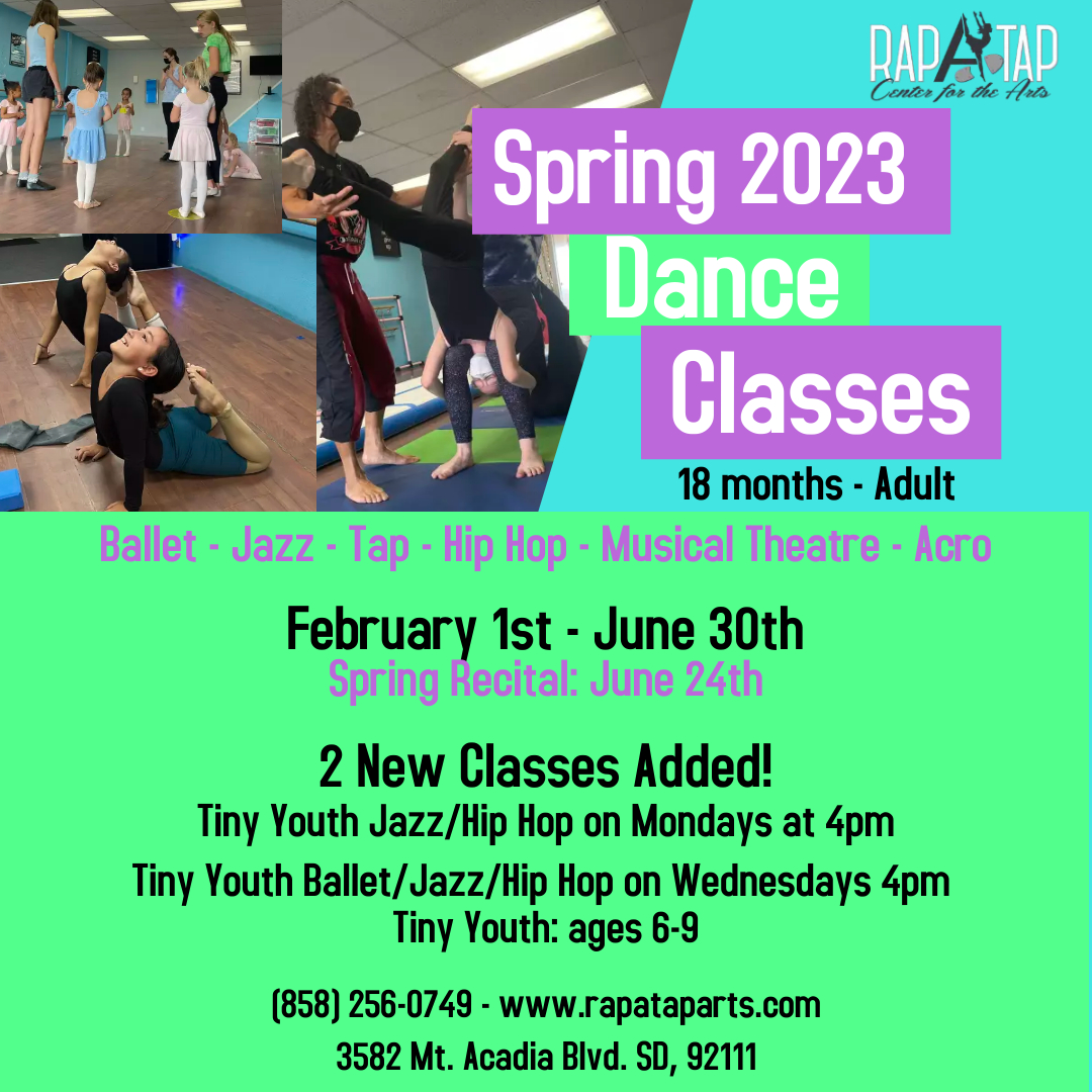 rapataparts's tweet photo. Registration is open now for our Spring 2023 classes! All students enrolled in this session will have the opportunity to perform in our Spring Recital on June 24th. Check out our schedule and register here: https://t.co/VaBiqdmT8k 
#dance #danceclasses #danceclass #dancestudio https://t.co/zYgW5zET8G