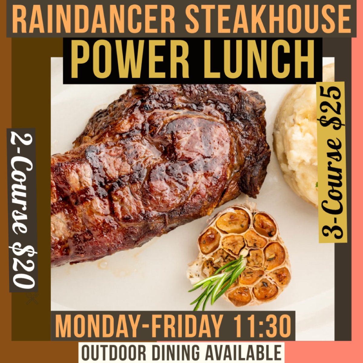 RaindancerSteak's tweet photo. Take a break, and come see us to enjoy some of the best steak you've ever had for lunch this week! #RaindancerSteakhouse #steakhouse #steak #HappyHour #SunsetMenu #PrivateRoom #PrivateRooms https://t.co/liCwYYiEYw