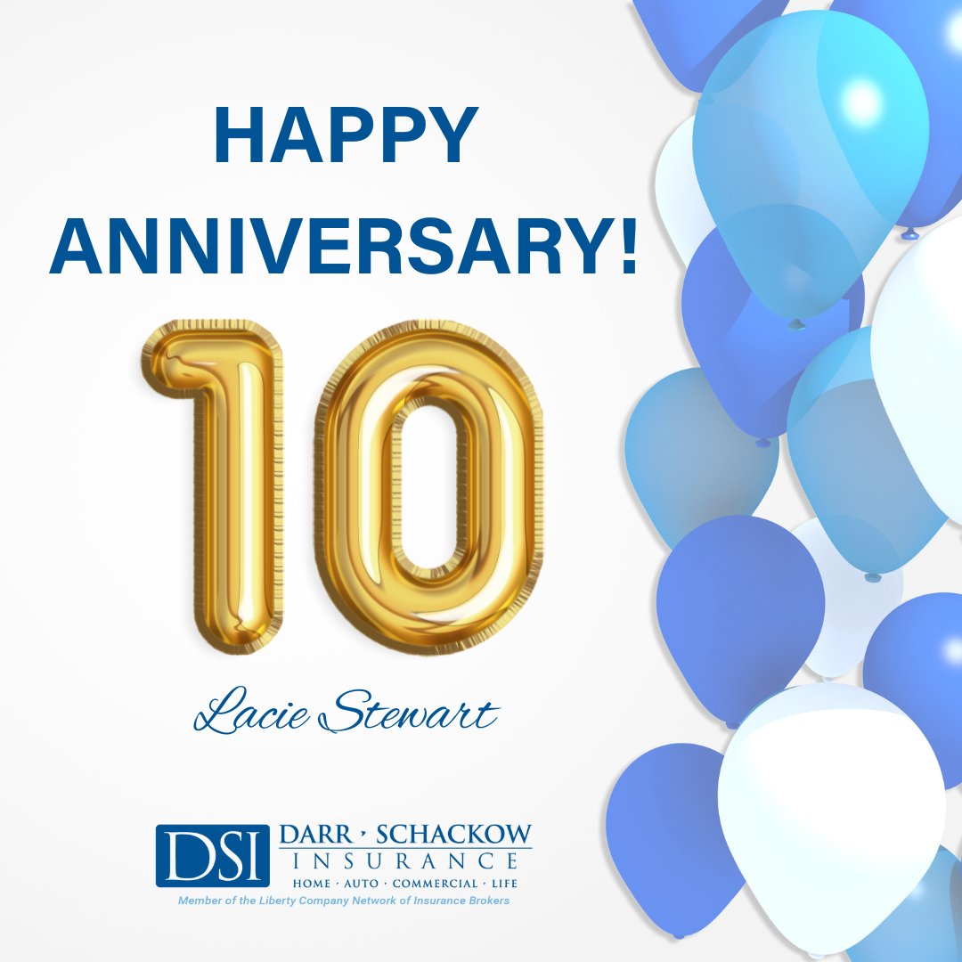 DarrSchackow's tweet image. We. at Darr Schackow Insurance. would like to thank Lacie Stewart for 10 years of invaluable service!
Thank you, Lacie – congrats on 10 years!
#DSI #FLInsurance #LibertyPartner #WorkAnniversary