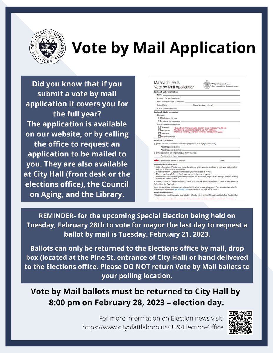 📣There is no early voting days for the Mayoral Special Election! If you cannot make it to the polls on February 28th, you have until February 21st to request a vote by mail application. Request your application: cityofattleboro.us/DocumentCenter…
