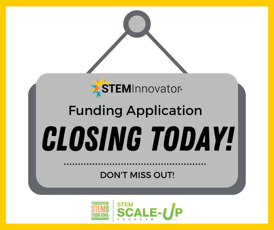 LAST CHANCE!
Iowa STEM Teachers: STEM Innovator® has been named an Iowa Governor’s STEM Council Scale-Up program for 2023 – 2024. Application closes today! 

Learn More: bit.ly/3XeV77h 
Apply: iowastem.org/Scale-Up-Appli…