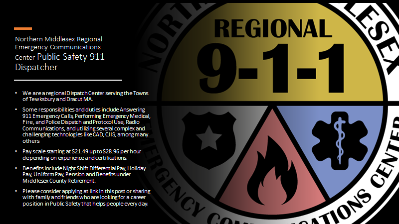 NMRECC is Hiring!!! Please check out this post and use the link below for the full job posting and instructions to apply! Be part of a growing team and help make a difference in our communities! tewksbury-ma.gov/319/Employment… <a href="/MAstate911/">MA State 911</a> <a href="/TewksburyPD/">Tewksbury Police</a> <a href="/DracutMAPD/">Dracut Police Department</a>