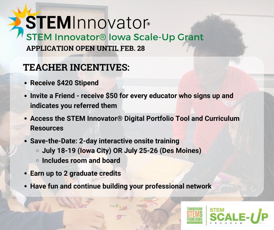 Iowa STEM Teachers: STEM Innovator® has been named an Iowa Governor’s STEM Council Scale-Up program for 2023 – 2024. Application is open until Feb. 28. 

Learn More: bit.ly/3XeV77h 
Apply: iowastem.org/Scale-Up-Appli…