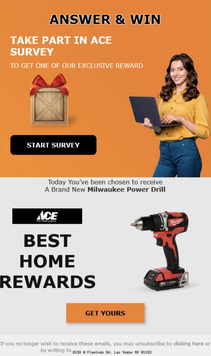 wcg5003's tweet photo. .@AceHardware fyi some scammer is using your company in phishing attacks...and if this is actually legitimate then you need to hire a new ad agency. https://t.co/PnOLuIviwx