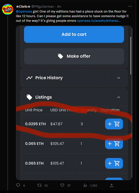 PRguitarman's tweet photo. Dear @opensea , I hope you can help with this.  I've sent over 2 tweets and a report on how there has been a bugged listing in my collection stuck at .0295 for over 12 hours . Hope you can help us get it unstuck!

https://t.co/P60xK70PhJ https://t.co/8FxmNSmJED