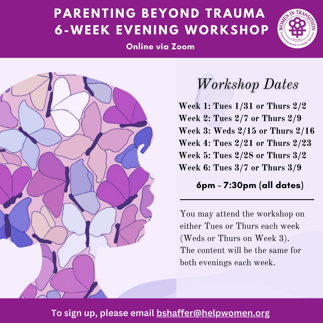 Learn how childhood trauma impacts you and your children in WIT's 6-week online workshop series "Parenting Beyond Trauma." 

This workshop is FREE and open to all women-identifying participants. Email bshaffer@helpwomen.org to sign up!