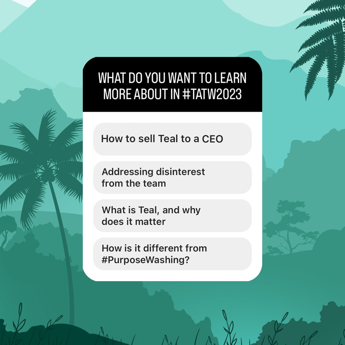 thetealnetwork's tweet photo. Every time you respond to our polls and questions, we get to know a little – and sometimes a lot – more about how the #TATW2023 Conference experience should be tailored to suit you.
#selfmanagement #tealinpractise #purposework #newwaysofworking #newwork #organisationalchange https://t.co/hxC1H0896w