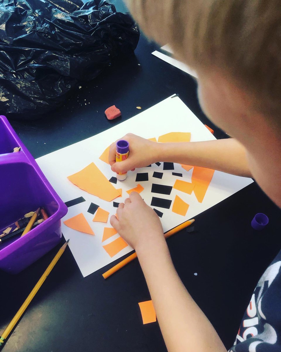 BES__Art's tweet photo. 1st grade is creating Mondrian collages with a Bengals twist #whodey #art #inquire #create #inspire #arthistory @Bengals https://t.co/JmhL2f5Suz