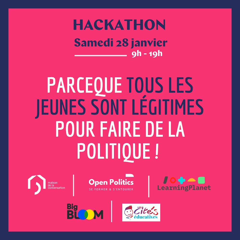 ⏳ J-4 avant notre deuxième Hackathon avec @iciconversation pour réinventer l’engagement des jeunes invisibles ! 

On vous attend nombreuses et nombreux 👉🏼 bit.ly/3WeI5GG