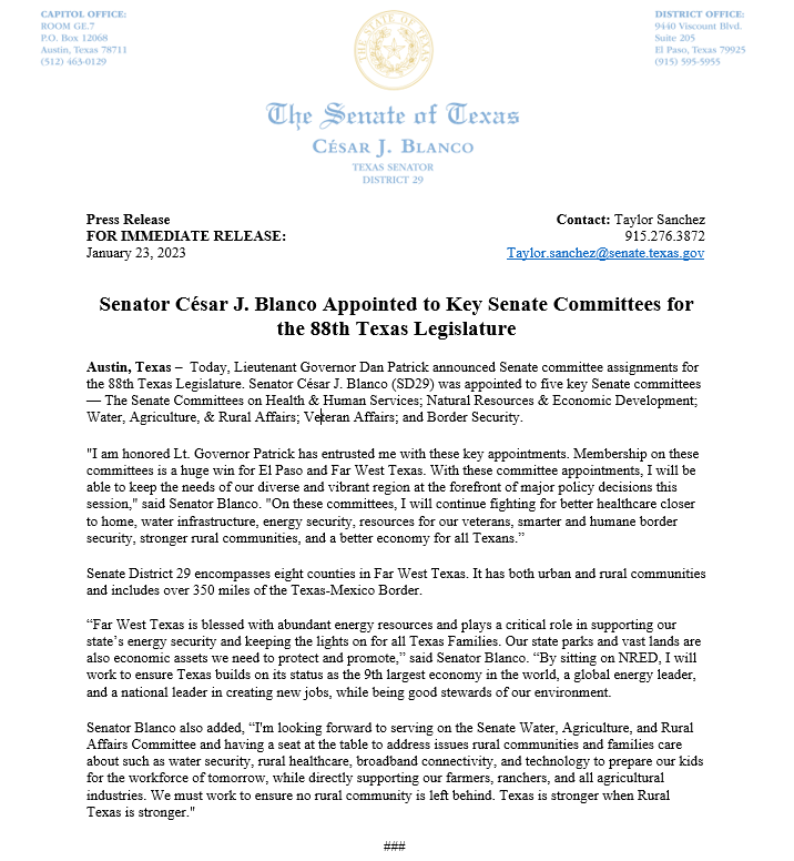 CesarJBlanco's tweet photo. Committee Assignments for the 88th #txlege are in! I am honored to represent El Paso &amp; Far West Texas on Health &amp; Human Services; Natural Resources &amp; Economic Development, Water, Ag., &amp; Rural Affairs; Veteran Affairs; &amp; Border Security! Let’s get to work! #txege https://t.co/YZi0lPmNdq
