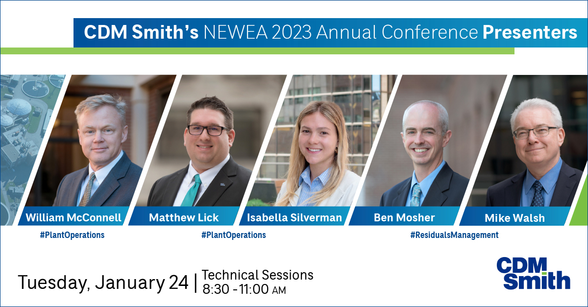Join our #CDMSmith 5 star lineup during #NEWEA2023 technical sessions tomorrow morning 1/24. Hear #plantoperations #success stories from the City of Brockton, MA and Greenwich, CT and about #ResidualsManagement at Greater Lawrence Sanitary District.