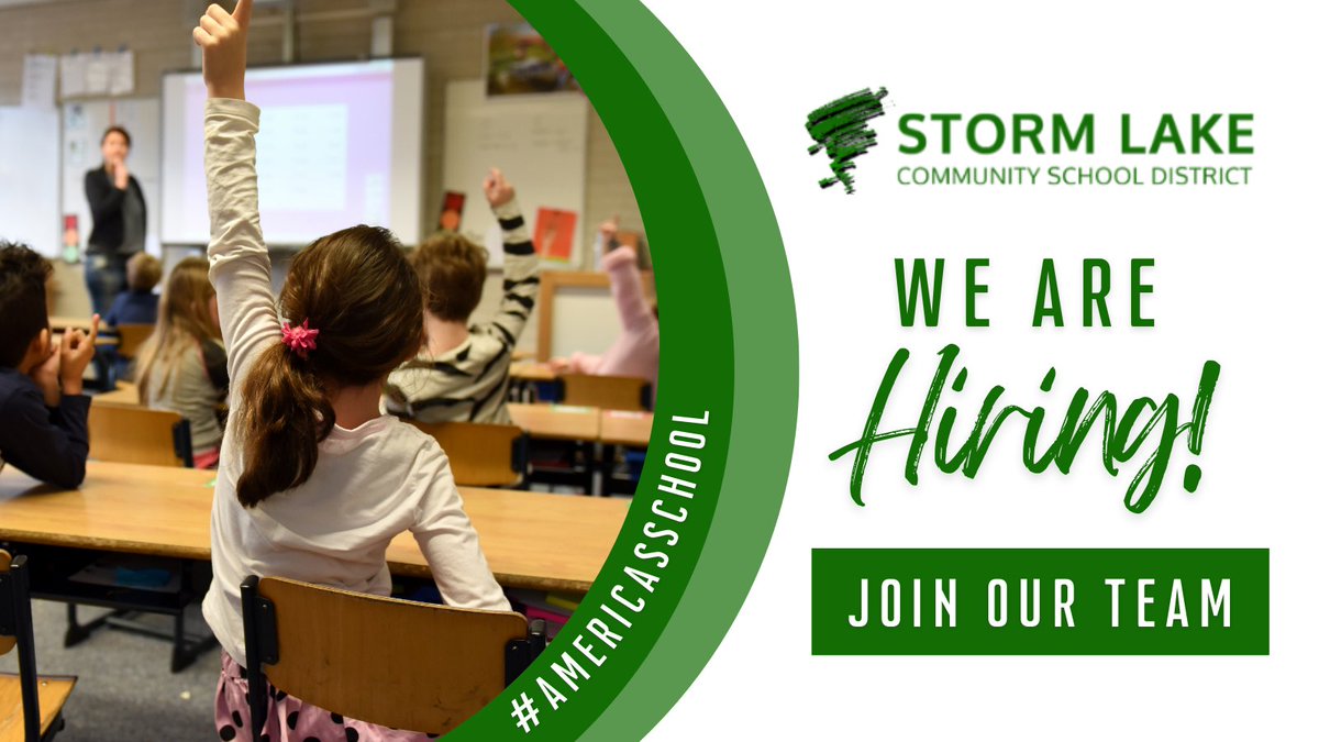 The Storm Lake Community School District is hiring! We have openings throughout the district for licensed and support staff, substitutes, extracurricular positions, and more.

View open positions and apply: storm-lake.k12.ia.us/employment 

#AmericasSchool