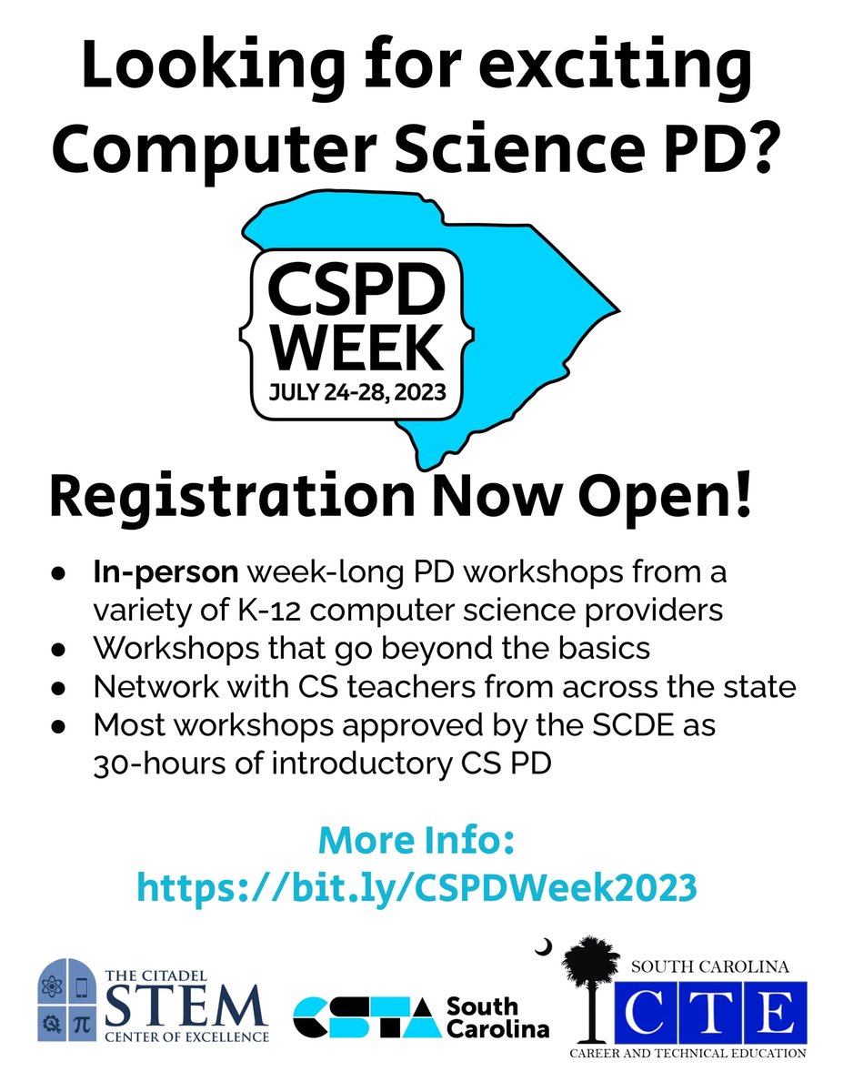 REGISTRATION IS NOW OPEN! @SC_CSTA CSPD Week.  Click here for more information:bit.ly/CSPDWeek2023