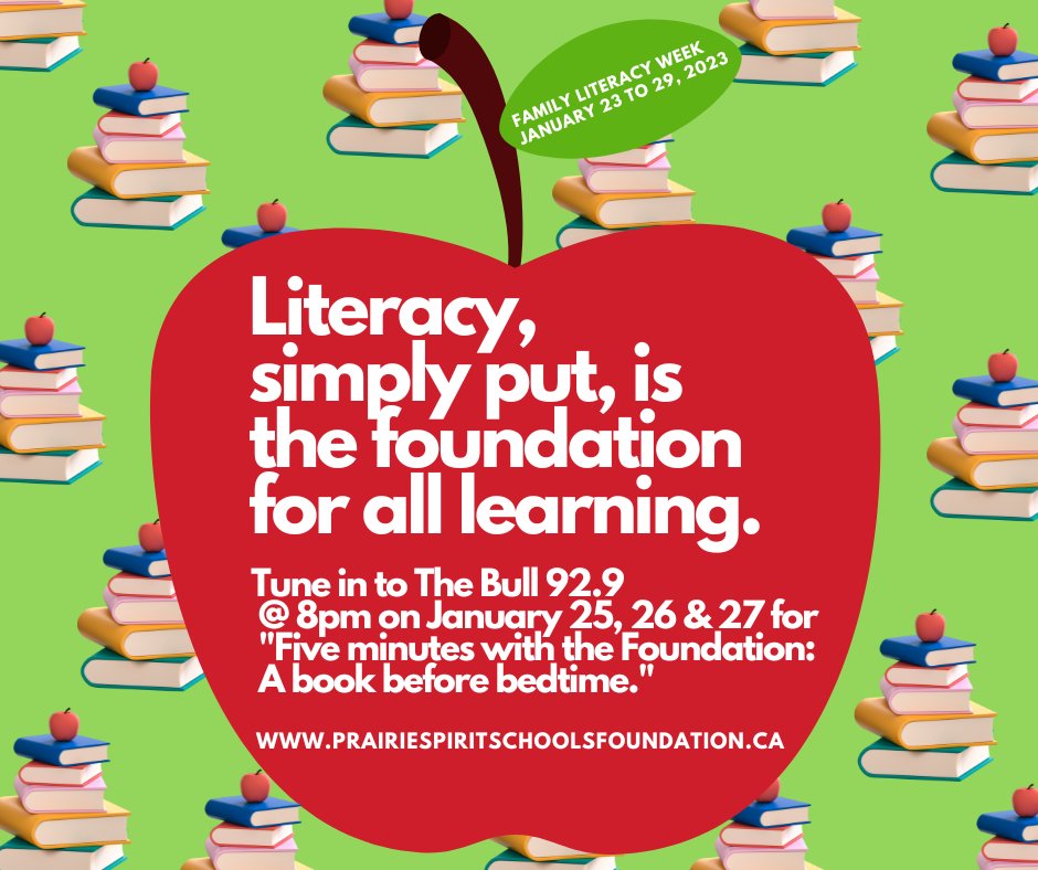 <a href="/PSSFdn/">Prairie Spirit Fdn</a> &amp; Kessler Insurance in Warman, are excited to promote the importance of literacy! Join us at 8pm January 25, 26 &amp; 27 <a href="/929TheBull/">92.9 The Bull</a> for "Five minutes with the Foundation: A book before bedtime" in support of our Division-wide Literacy Program <a href="/prairiespiritsd/">Prairie Spirit SD</a>
