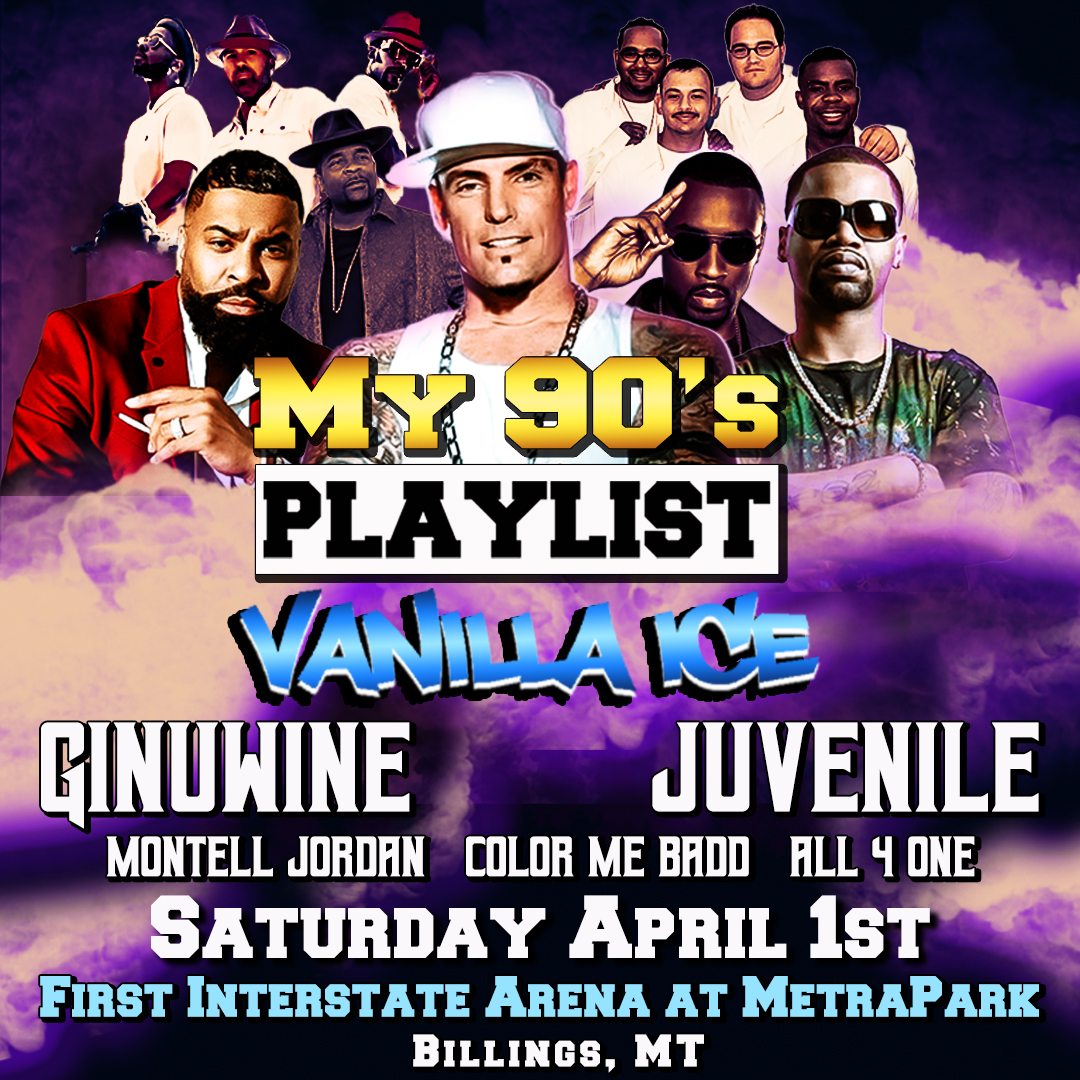 🚨Concert Announcement🚨
MY 90s PLAYLIST featuring <a href="/vanillaice/">Vanilla Ice</a>, <a href="/Ginuwine/">ELGIN</a>, <a href="/juviethegreat/">JUVENILE</a>, <a href="/montelljordan/">Montell Jordan</a>, <a href="/ColorMeBadd/">madonna mccree</a>, <a href="/All4OneMusic/">All4One</a>  are coming to the First Interstate Arena on Saturday, April 1, 2023.
Tickets on sale Friday, January 27 and 10am.
bit.ly/3Xg7hx2
