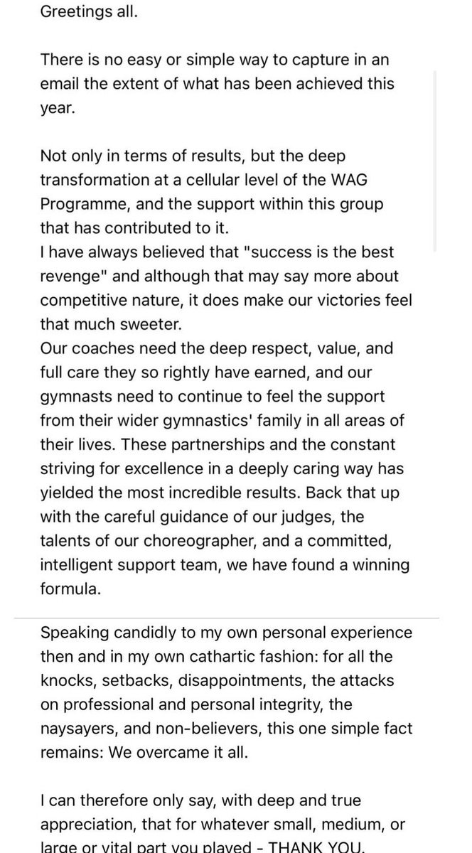 Here’s the explosive email from a senior coach at British Gymnastics after the recent World Championships that so offended Ellie Downie. Sent to members of Team GB and their coaches, it refers to “naysayers” and “non-believers” and says “success is the best revenge”