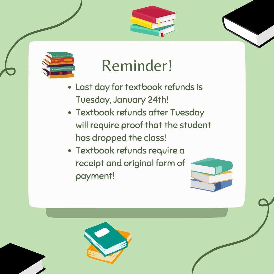 BookstoreCollin's tweet photo. Textbook refunds are coming to an end! If you need to return a textbook, bring your receipt and head to your campus today!
#collincollegebookstore #textbooks #textbookrefunds #Mckinneycampus #Planocampus #Allencampus #Wyliecampus #Friscocampus #Farmersvillecampus #Celinacampus https://t.co/766cJpOOpH