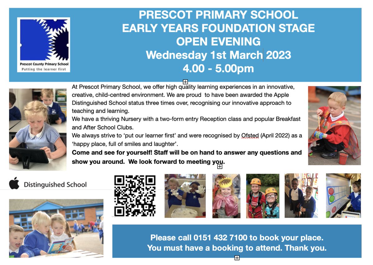 PrescotPrimary's tweet image. Spread the word… our Spring Term open night is 1st March, 4pm.

We have some nursery places available for this academic year and next year. Or look early for reception 2024 places! 

Come and see our outstanding provision and register your interest now.

📞0151 432 7100 to book.