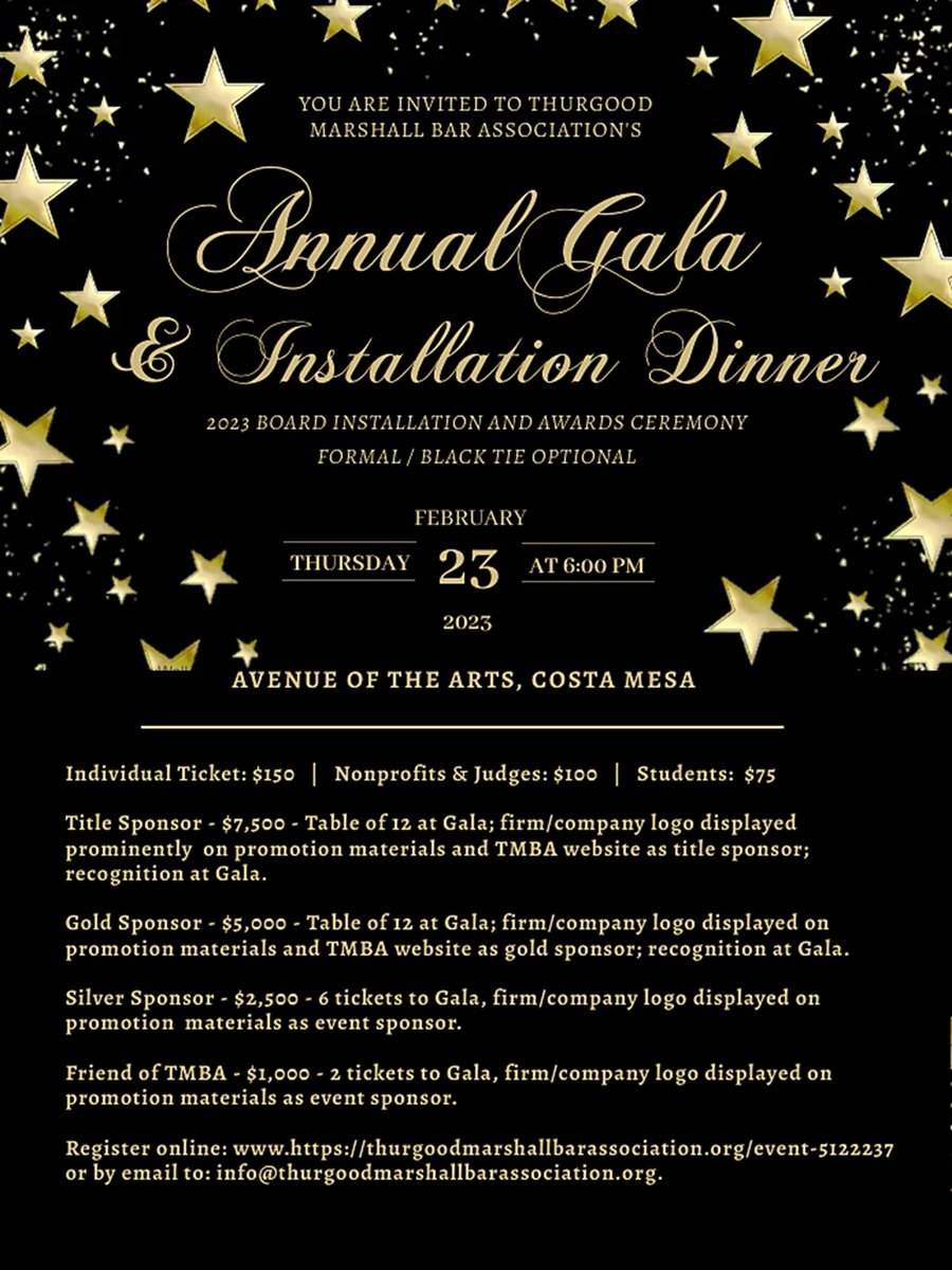 TMarshallBar's tweet photo. You are invited to TMBA's Gala &amp; Installation Dinner on Thursday, February 23 @ 6pm. Get you tickets on our website or use this link https://t.co/qMSa82lI1A
Sponsorships are available. #oc  #oclawyers https://t.co/zD1rMyYBnf