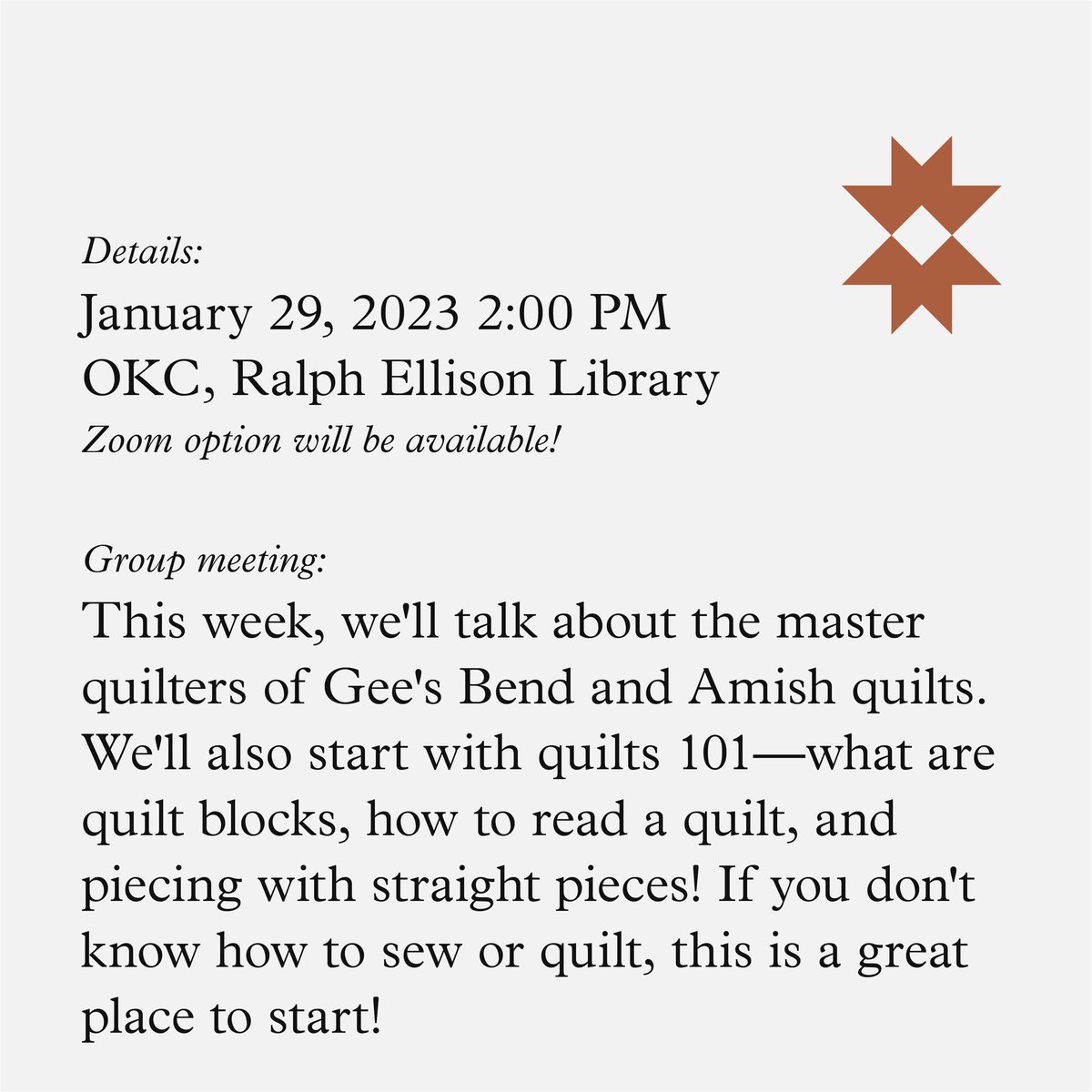 okquiltmemorial's tweet photo. This Sunday, we'll be talking about Gee's Bend, Amish quilts, and piecing with strips! You'll learn how to use basic piecing techniques to make multiple patterns that can be used in traditional quilts or improv quilts. https://t.co/obCZ1QEDR0