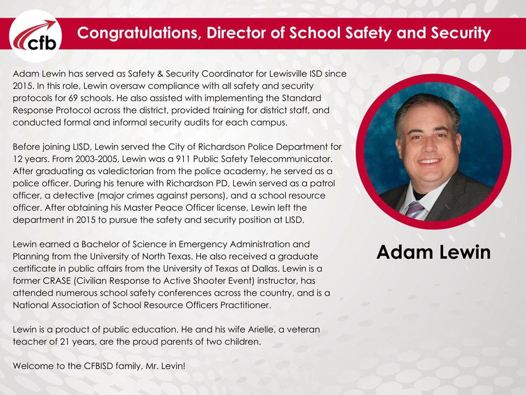 CFBISD's tweet photo. 🔴⚫️⚪️ Please congratulate Adam Lewin as the new Director of School Safety and Security for CFBISD! ⚪️⚫️🔴 https://t.co/xSQAFdEz2W
