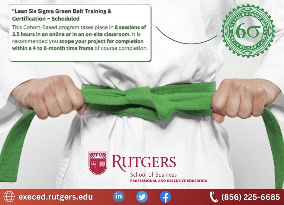 RutgersExecEd's tweet photo. Our #LeanSixSigma Green Belt Training & Certification program is designed for #practicalapplication of the concepts, tools and strategies learned and includes implementation of a real-world projects with a #PLC
Interested in learning more visit - https://t.co/BMIE136IM4 📲📍 https://t.co/pP1s27o73Z