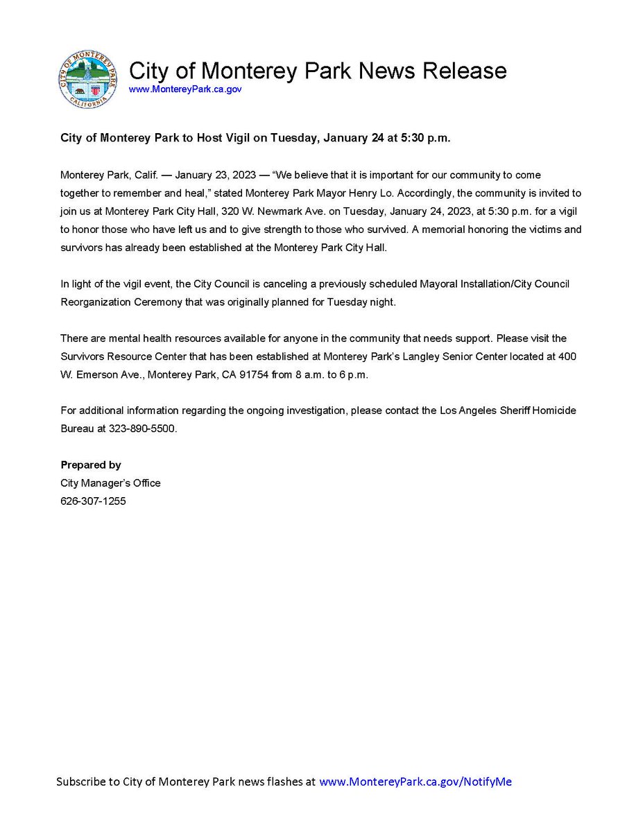 cityofmpk's tweet image. City of Monterey Park to Host Vigil on Tuesday, January 24 at 5:30 p.m.

“We believe that it is important for our community to come together to remember and heal,” stated Mayor Henry Lo. 

montereypark.ca.gov/civicalerts.as…

#montereyparkstrong #mpkstrong @MontereyParkPD @MontereyParkFD